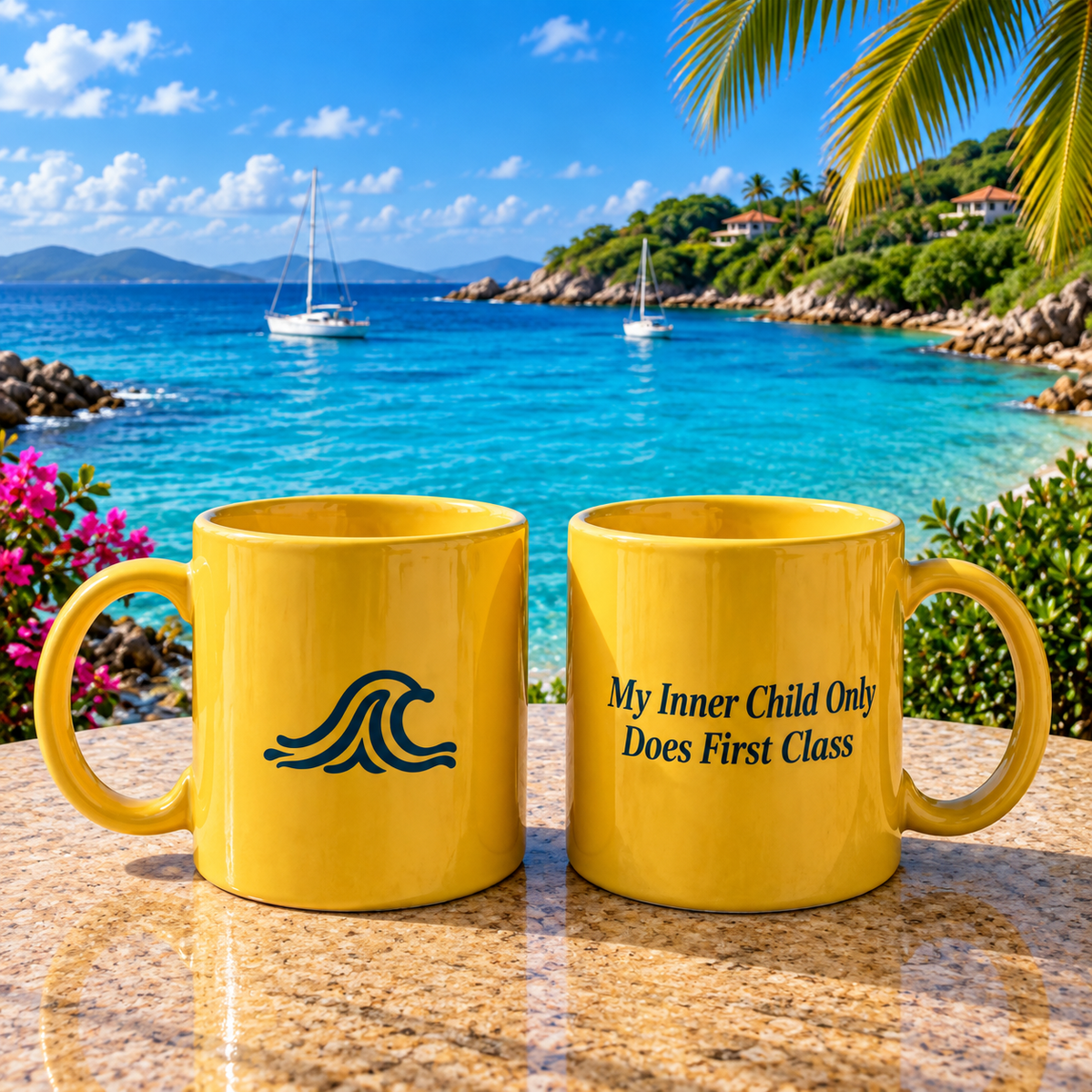 Yellow Ceramic Mug — "My Inner Child Only Does First Class"