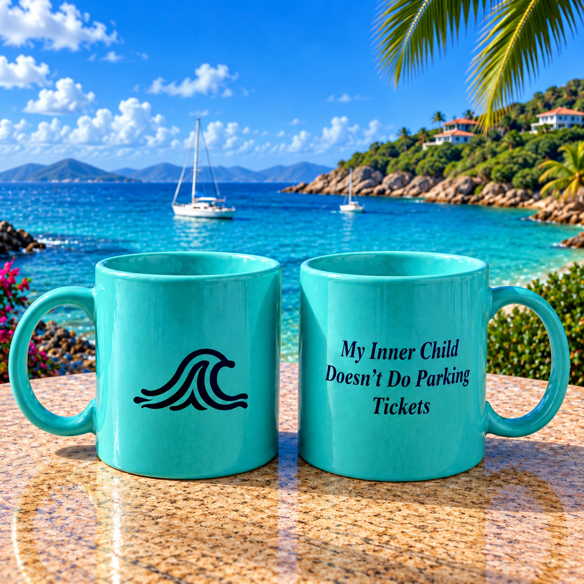 Turquoise Ceramic Mug — "My inner Child Doesn't Do Parking Tickets"
