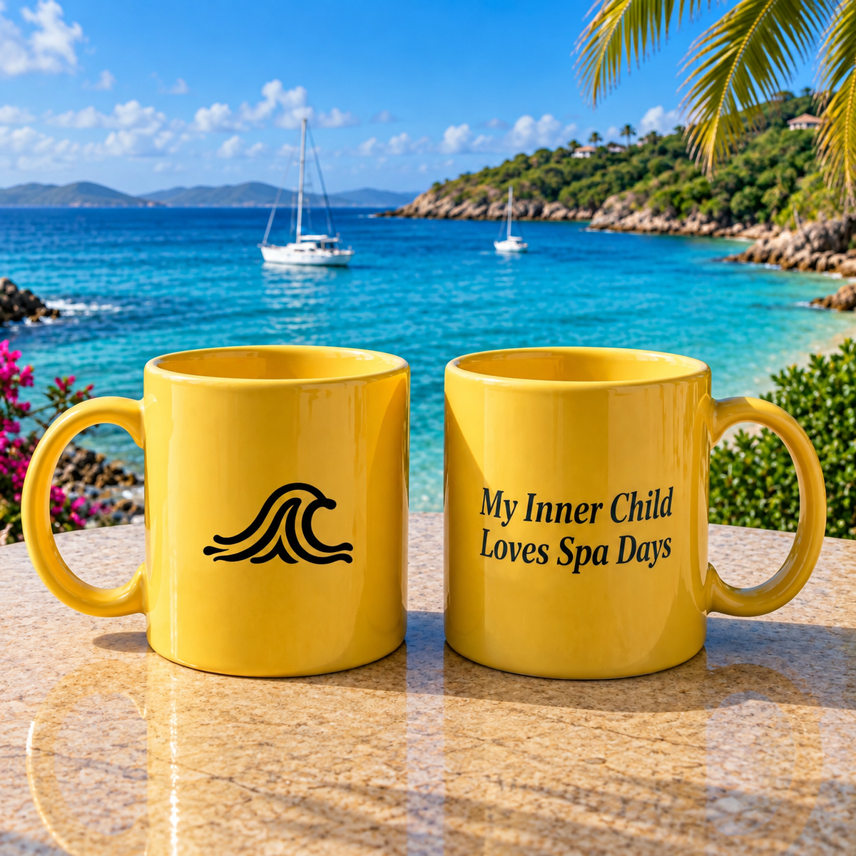 Yellow Ceramic Mug — "My Inner Child Loves Spa Days"