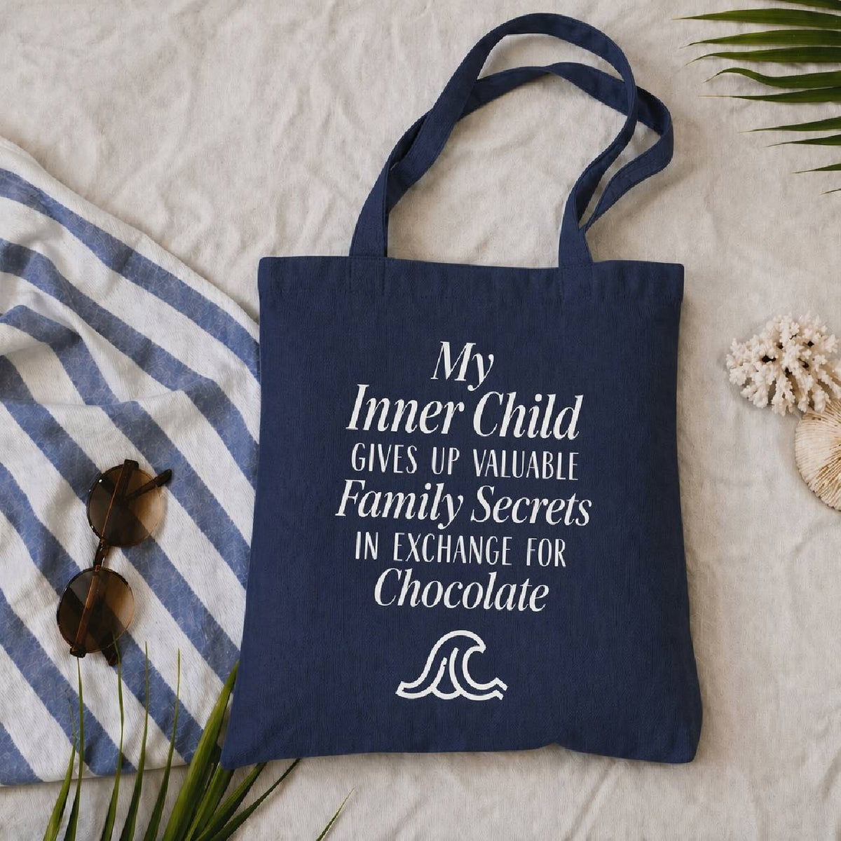 My Inner Child GIVES UP VALUABLE Family Secrets IN EXCHANGE FOR Chocolate - Navy Beach Carry Tote Bag