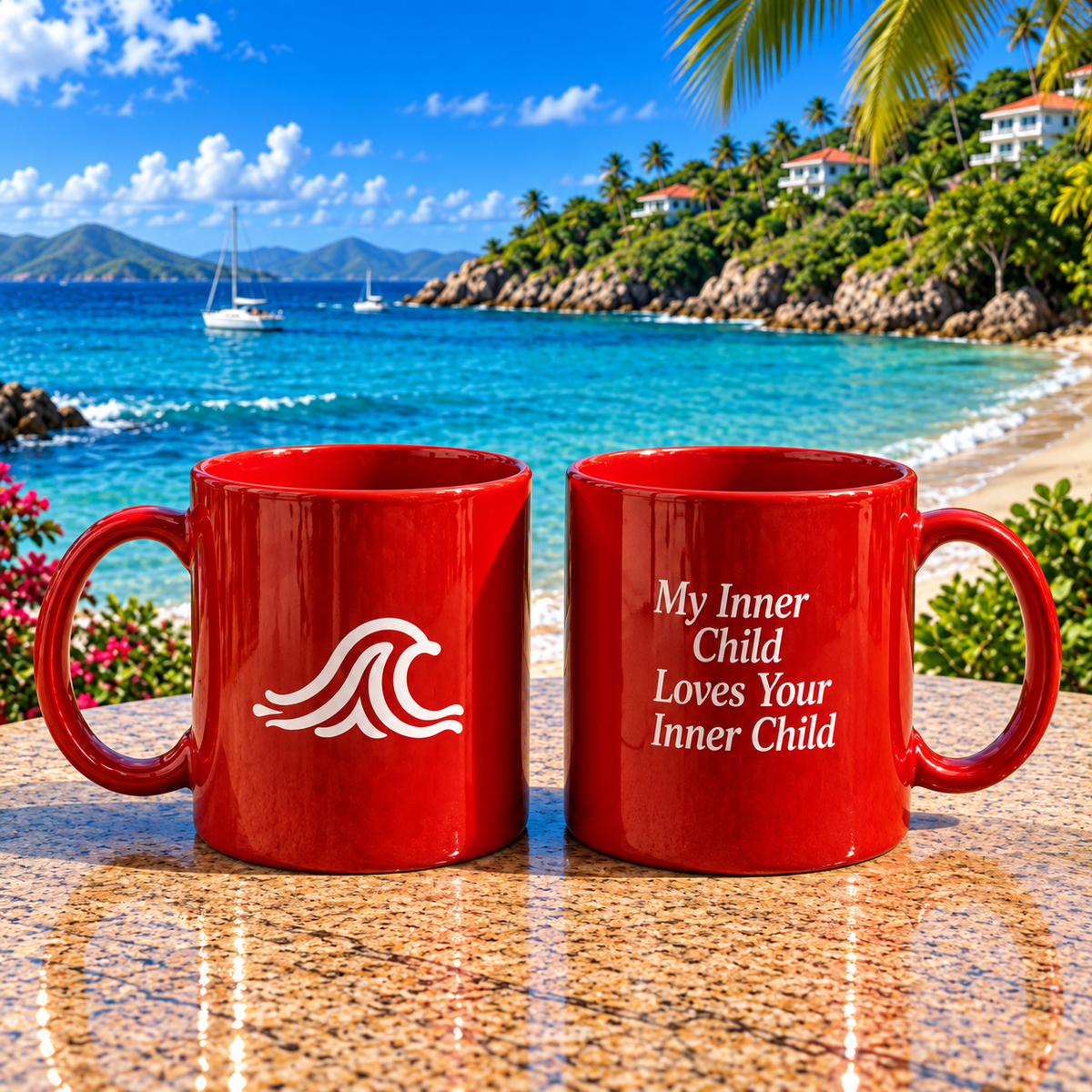 Red Ceramic Mug — "My inner Child Loves Your Inner Child"