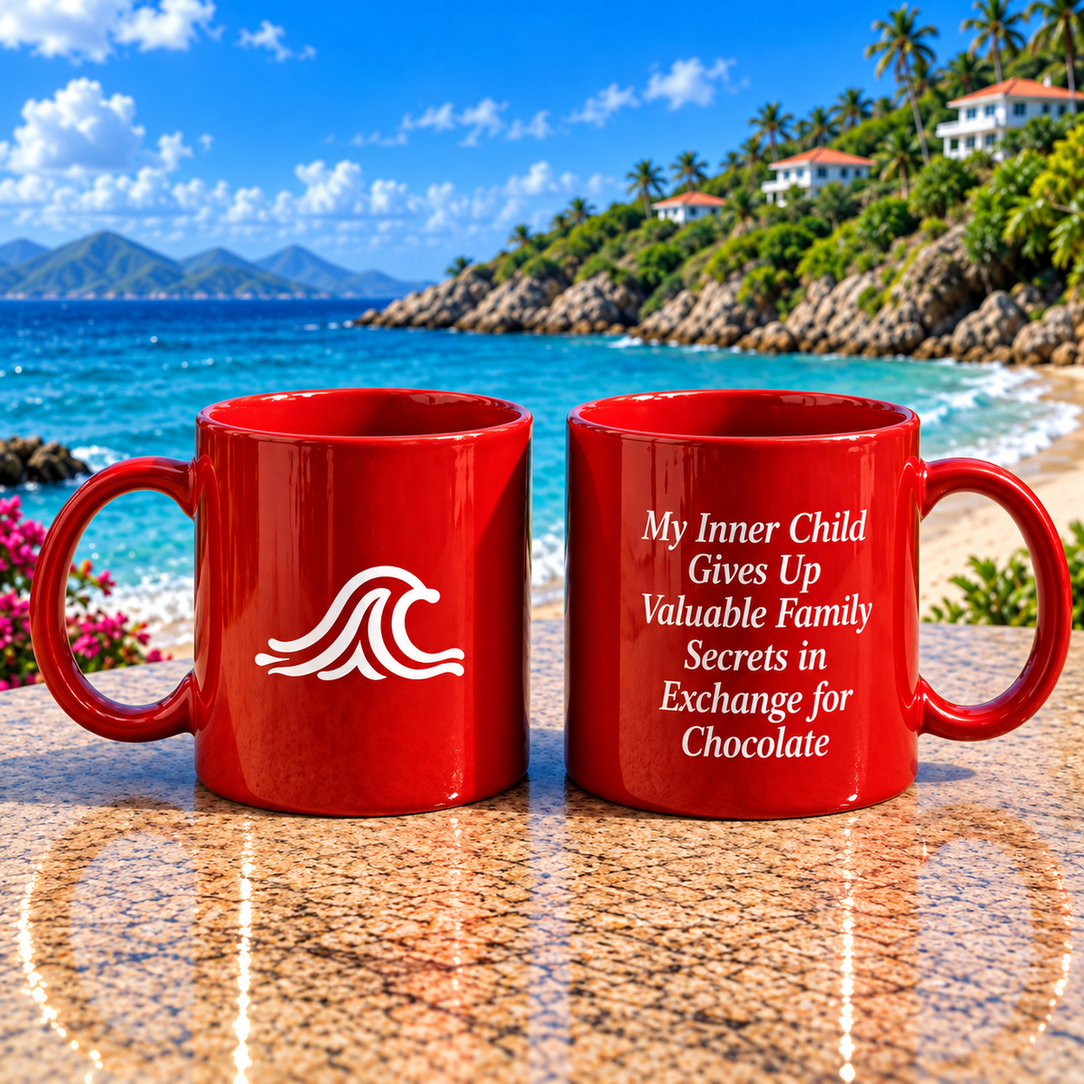 Red Ceramic Mug — "My inner Child Gives Up Valuable Family Secrets in Exchange for Choclate"