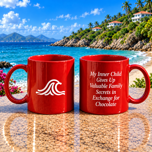 Red Ceramic Mug — "My inner Child Gives Up Valuable Family Secrets in Exchange for Choclate"